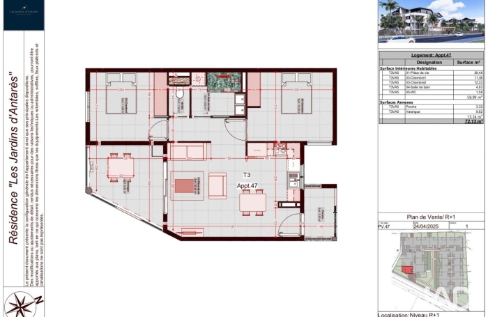 Vente Appartement 58m&sup2; 3 pièces Sainte Marie